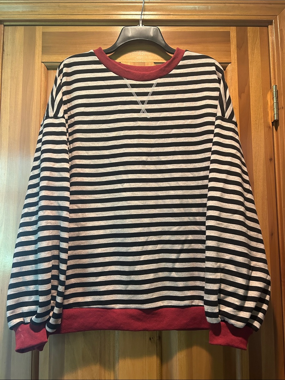 Striped Black and Taupe Crewneck Pullover with Burgundy Trim